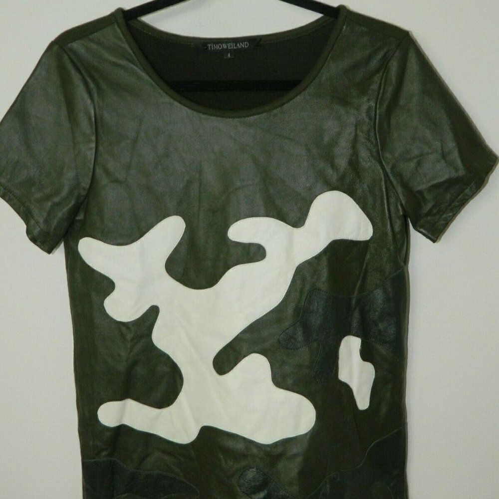 Timo Weiland Top Women's Army Green Leather Abstract Camo Look Size 4‎